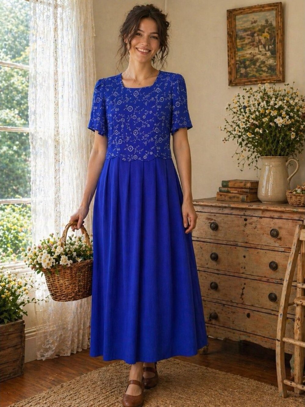 Vintage Cottagecore Blue Dress Women L Miss Dorby 1980 Maxi Dress Modest Church